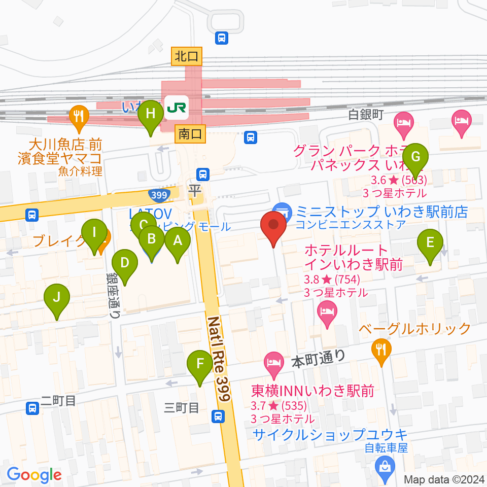 いわきバロウズ周辺のカフェ一覧地図