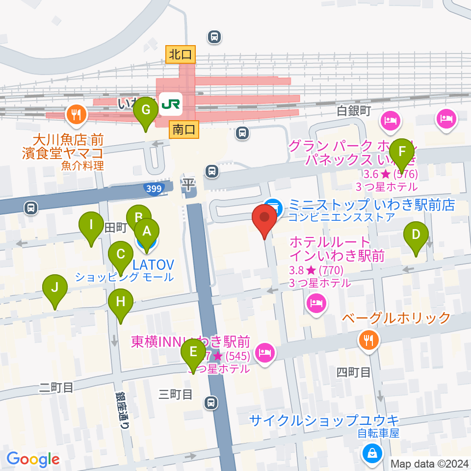 いわきバロウズ周辺のカフェ一覧地図