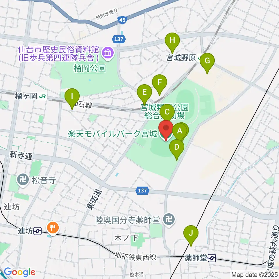 楽天モバイルパーク宮城周辺のカフェ一覧地図