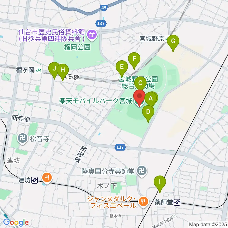 楽天モバイルパーク宮城周辺のカフェ一覧地図