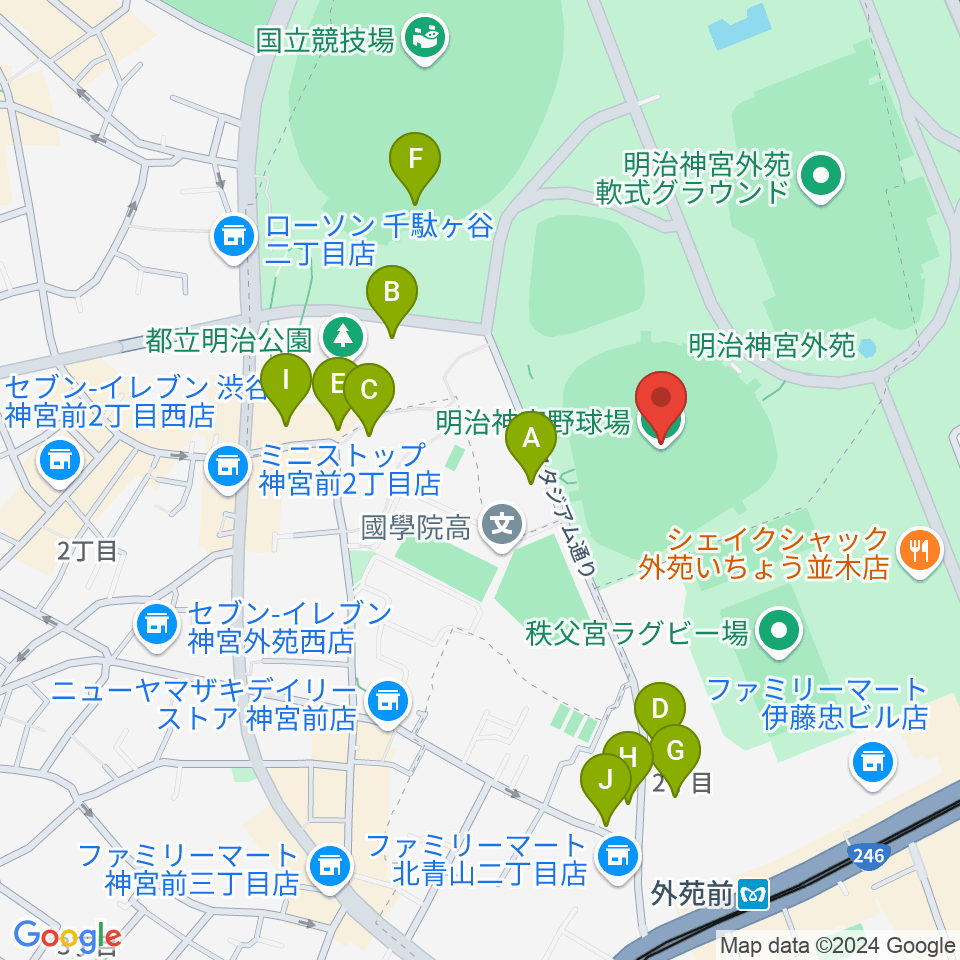 明治神宮野球場周辺のカフェ一覧地図