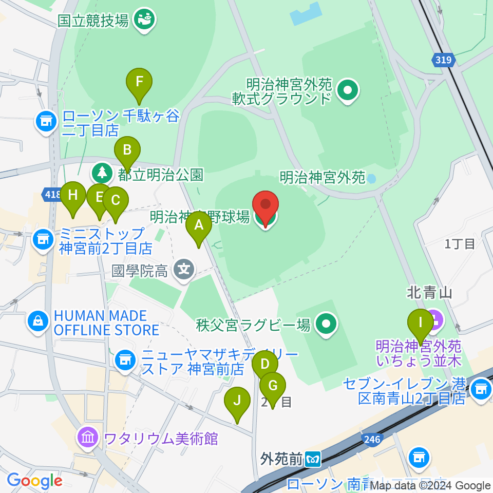 明治神宮野球場周辺のカフェ一覧地図