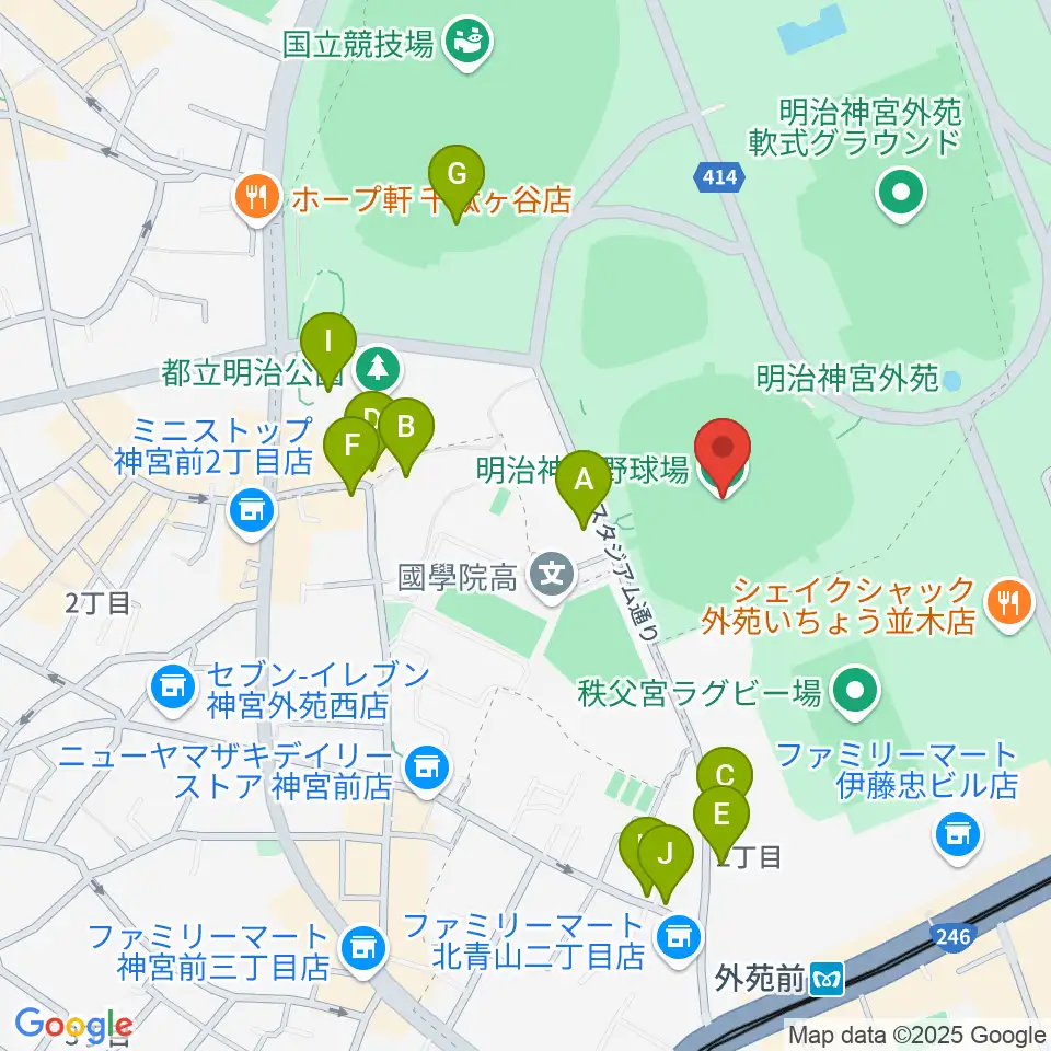 明治神宮野球場周辺のカフェ一覧地図