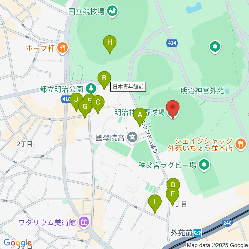 明治神宮野球場周辺のカフェ一覧地図