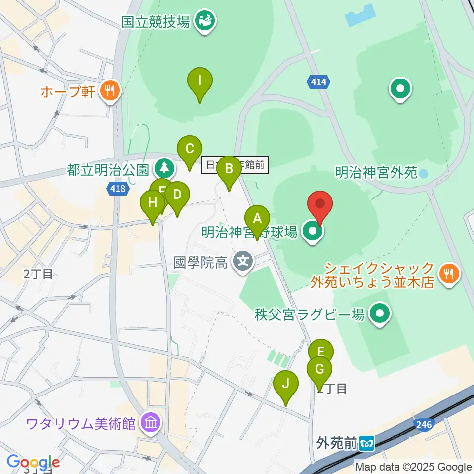 明治神宮野球場周辺のカフェ一覧地図