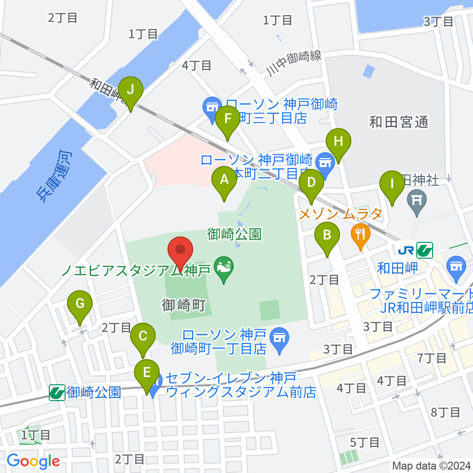 ノエビアスタジアム神戸周辺のカフェ一覧地図