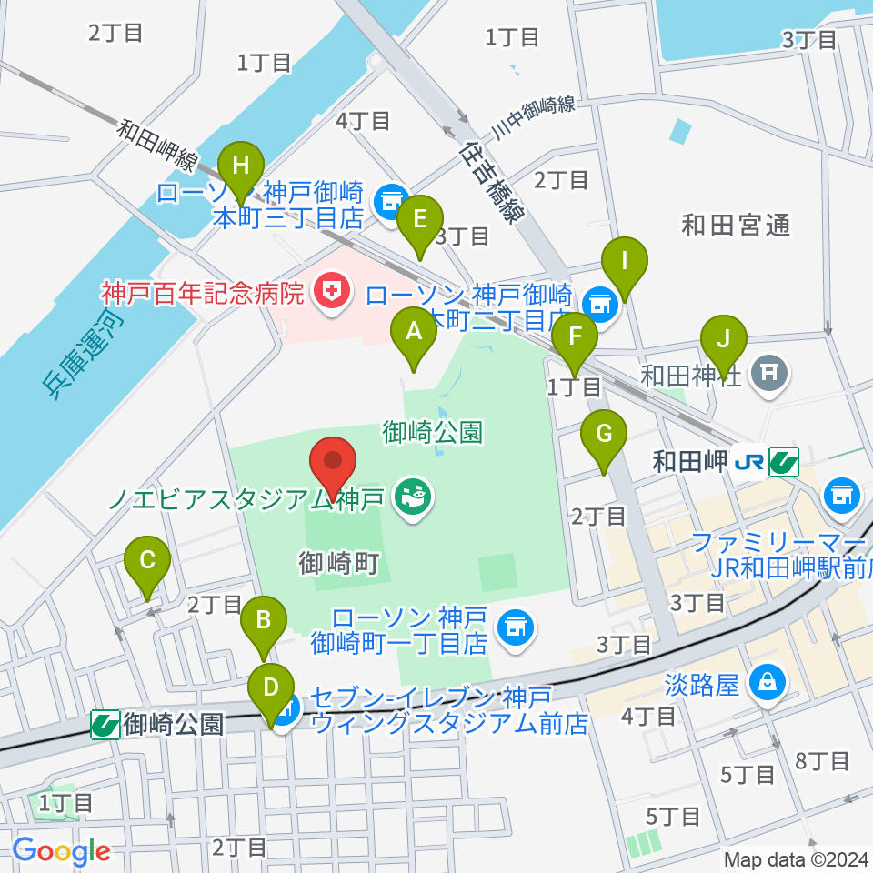 ノエビアスタジアム神戸周辺のカフェ一覧地図