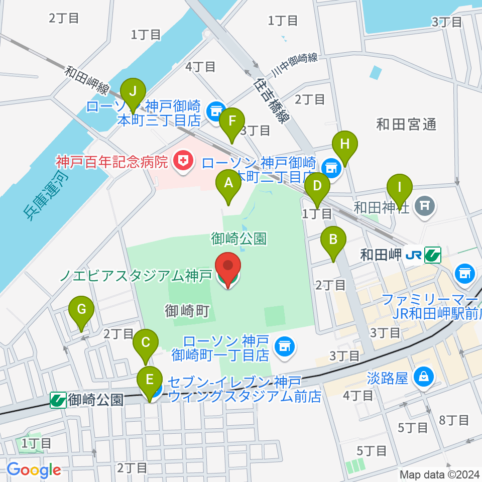 ノエビアスタジアム神戸周辺のカフェ一覧地図