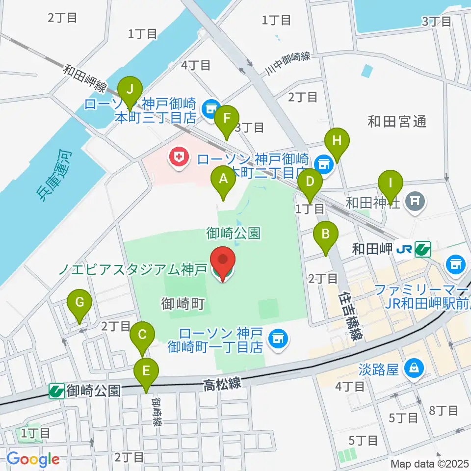 ノエビアスタジアム神戸周辺のカフェ一覧地図