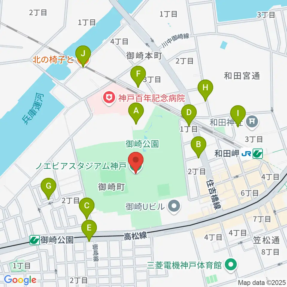 ノエビアスタジアム神戸周辺のカフェ一覧地図
