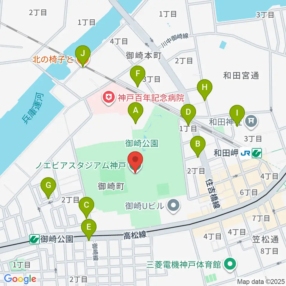 ノエビアスタジアム神戸周辺のカフェ一覧地図