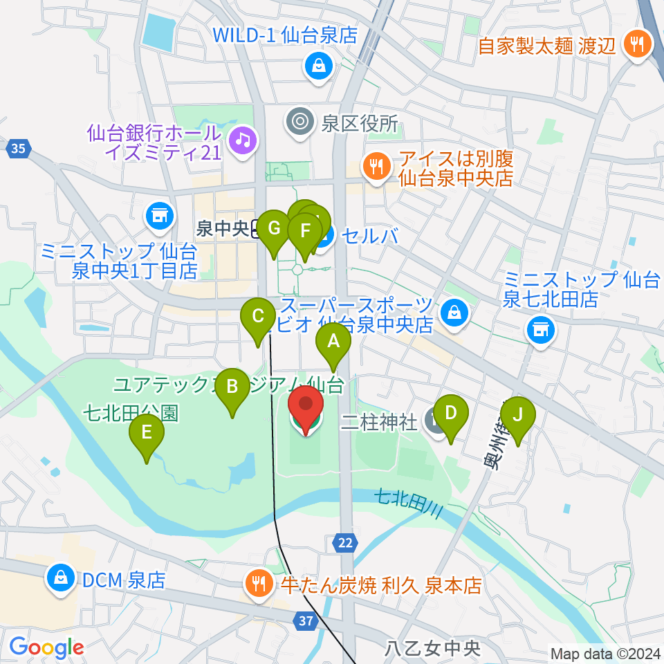 ユアテックスタジアム仙台周辺のカフェ一覧地図