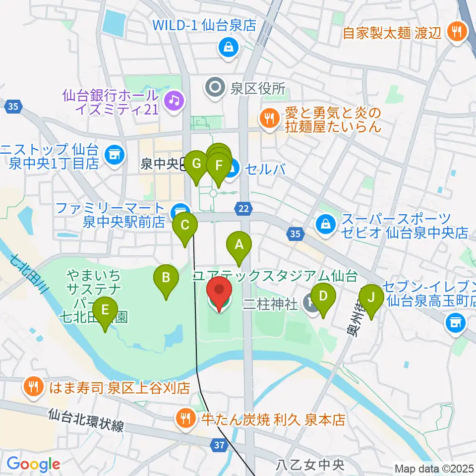ユアテックスタジアム仙台周辺のカフェ一覧地図