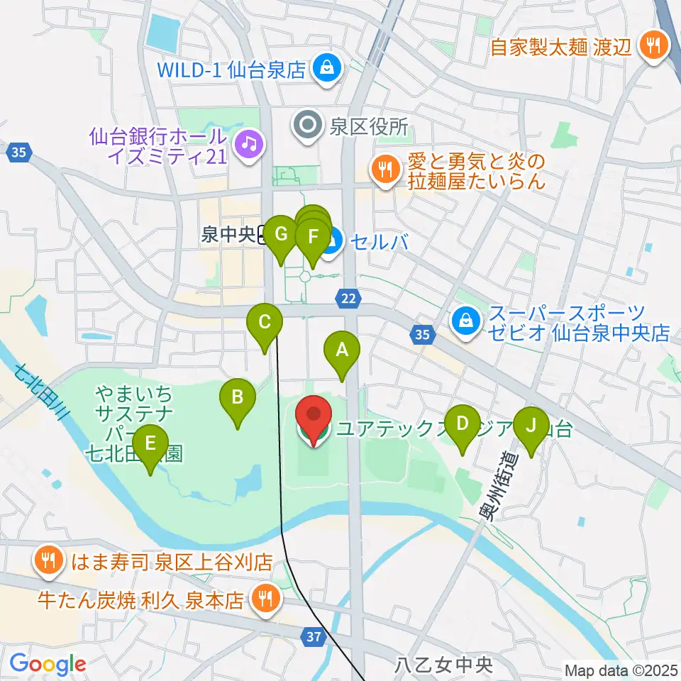 ユアテックスタジアム仙台周辺のカフェ一覧地図