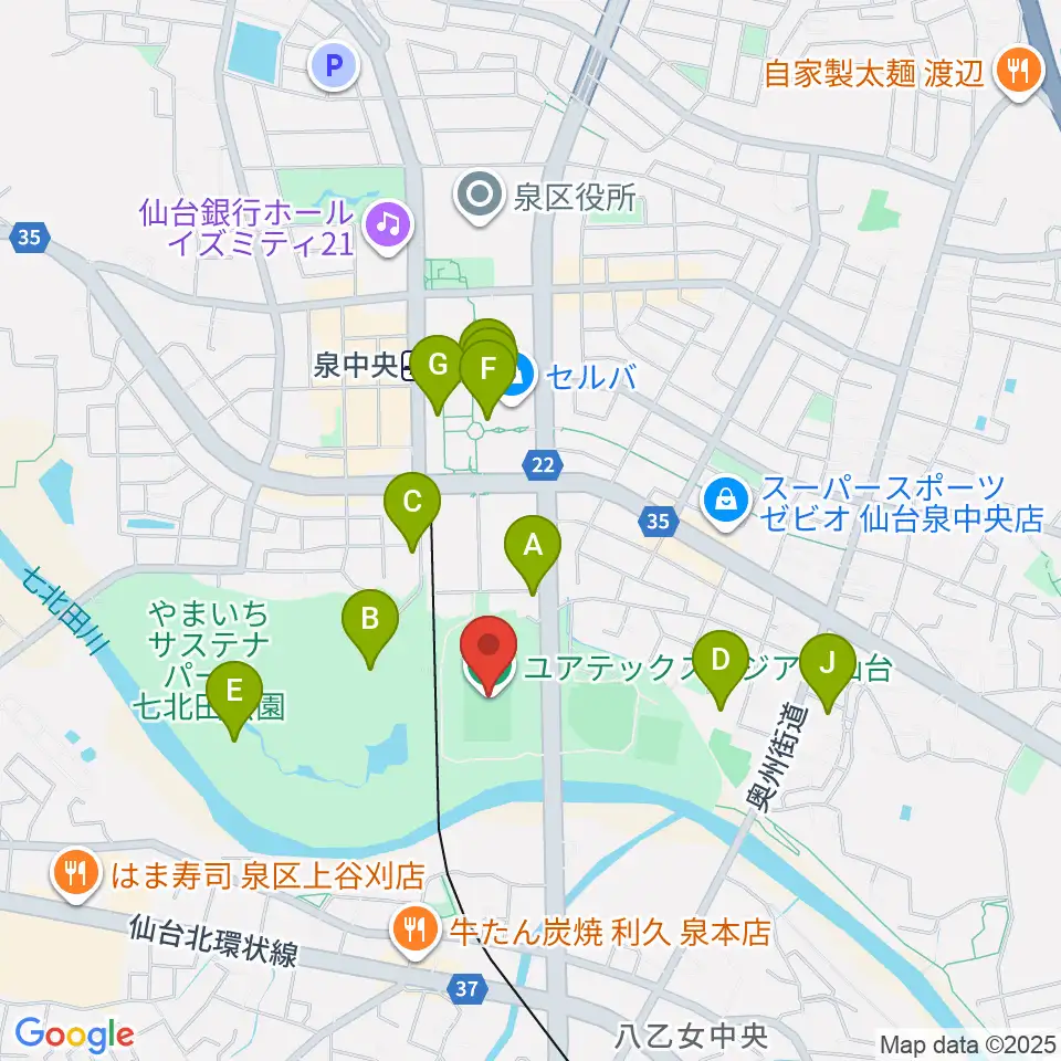 ユアテックスタジアム仙台周辺のカフェ一覧地図