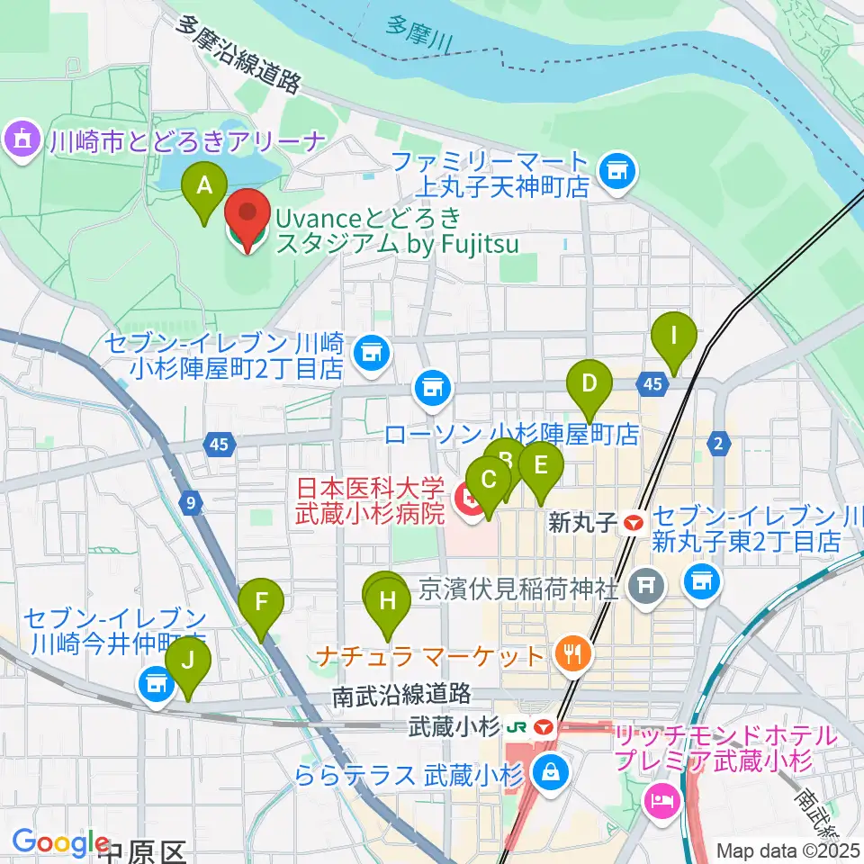 Uvanceとどろきスタジアム by Fujitsu周辺のカフェ一覧地図