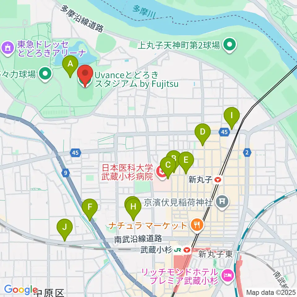 Uvanceとどろきスタジアム by Fujitsu周辺のカフェ一覧地図