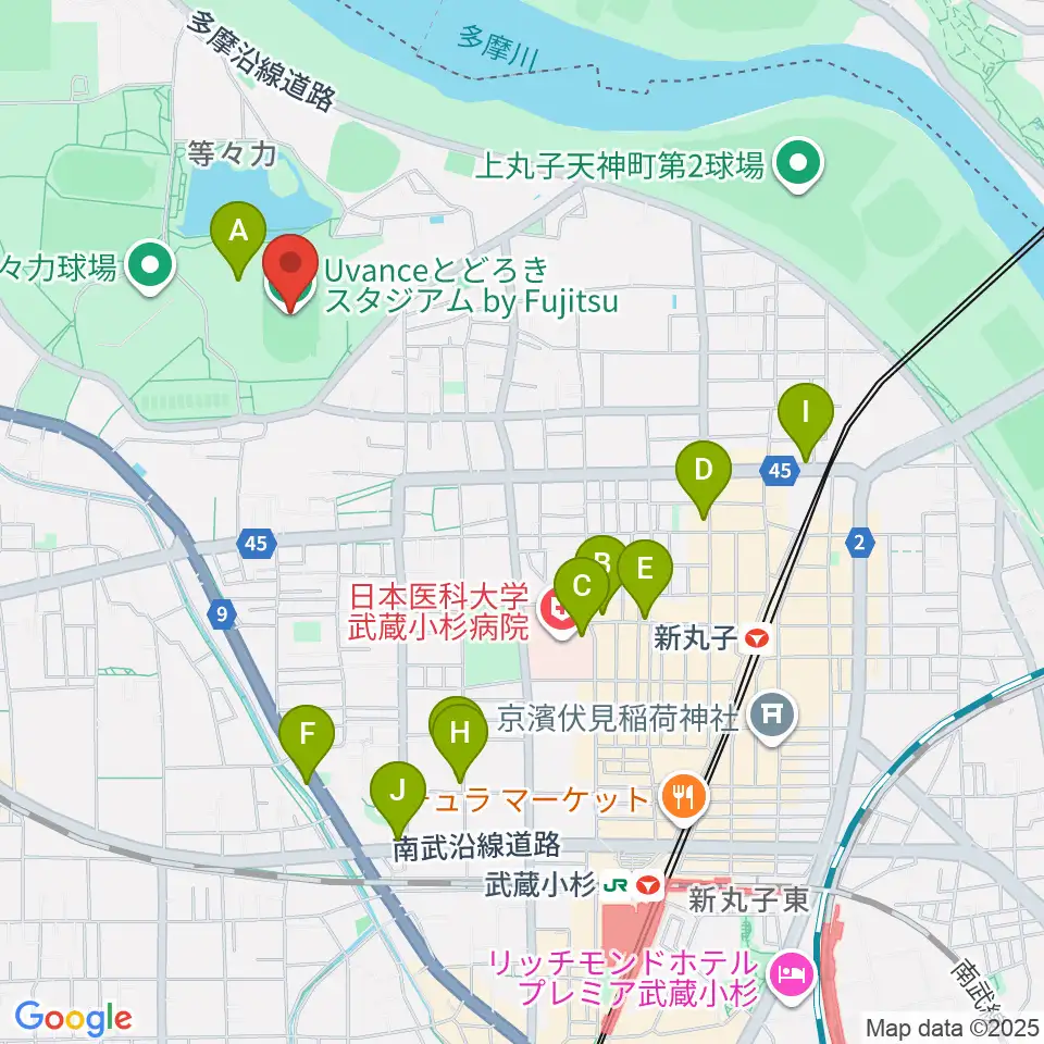 Uvanceとどろきスタジアム by Fujitsu周辺のカフェ一覧地図