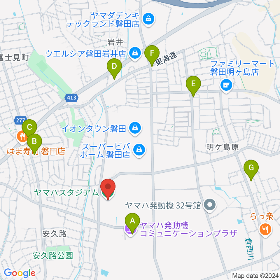 ヤマハスタジアム周辺のカフェ一覧地図