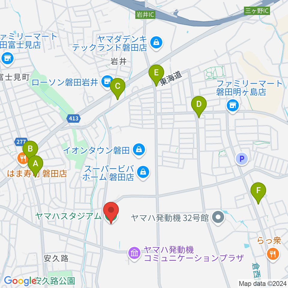 ヤマハスタジアム周辺のカフェ一覧地図