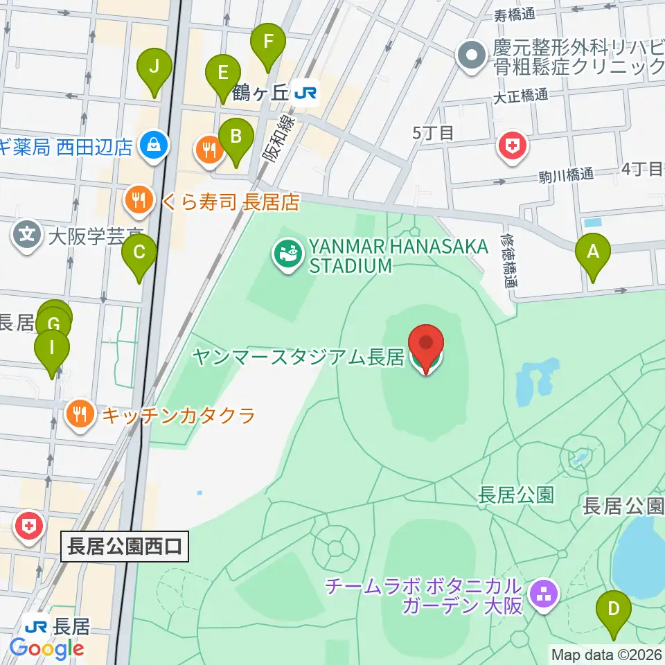 ヤンマースタジアム長居 周辺のカフェ一覧マップ