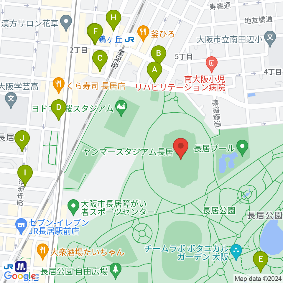 ヤンマースタジアム長居周辺のカフェ一覧地図