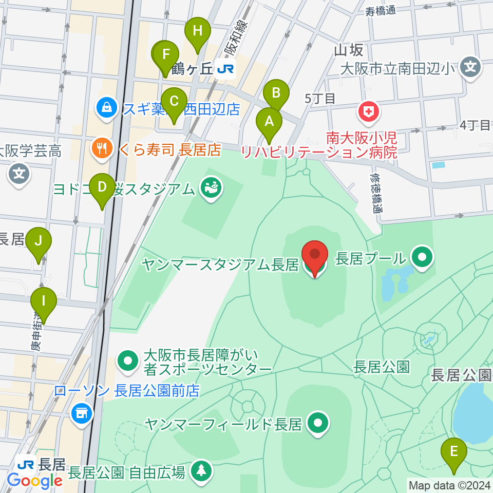 ヤンマースタジアム長居周辺のカフェ一覧地図