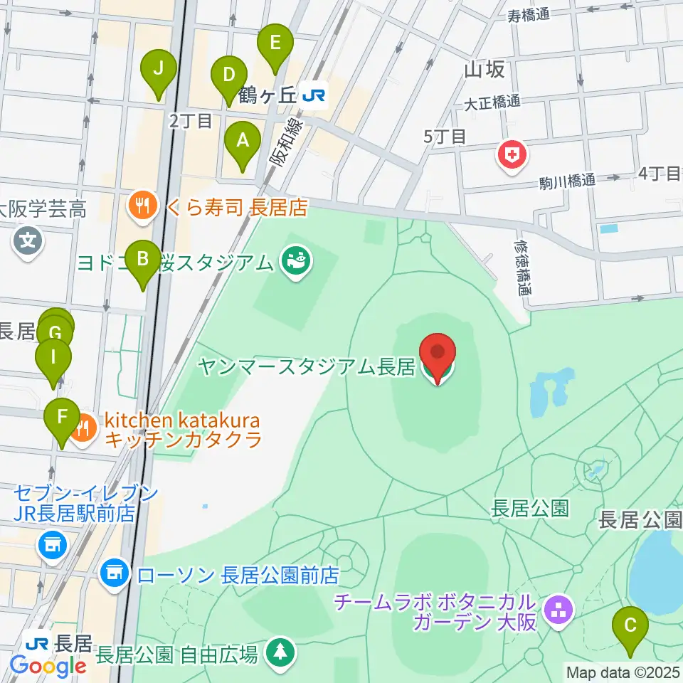 ヤンマースタジアム長居周辺のカフェ一覧地図
