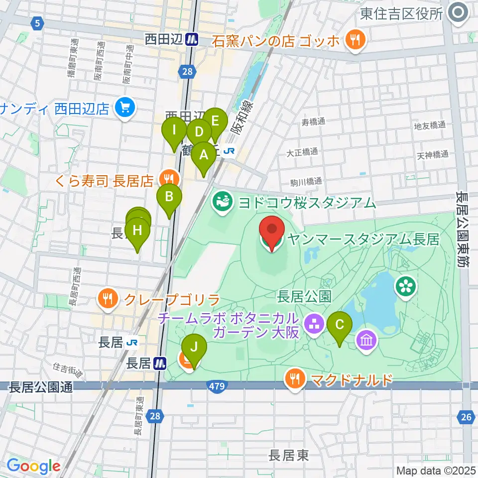 ヤンマースタジアム長居周辺のカフェ一覧地図