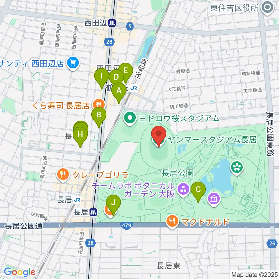 ヤンマースタジアム長居周辺のカフェ一覧地図