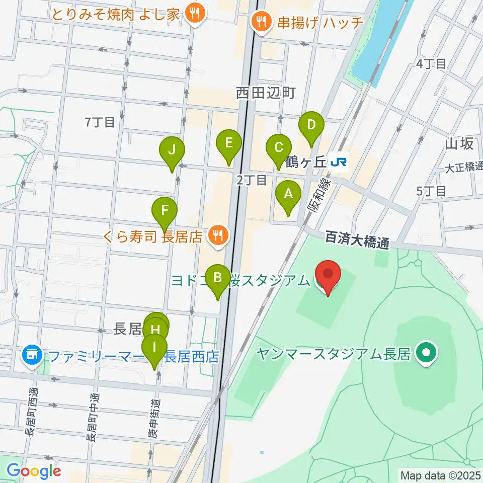 ヨドコウ桜スタジアム周辺のカフェ一覧地図