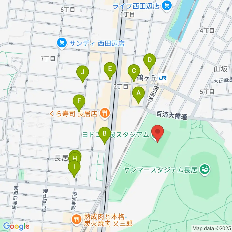 ヨドコウ桜スタジアム周辺のカフェ一覧地図