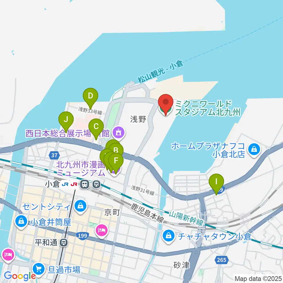 ミクニワールドスタジアム北九州周辺のカフェ一覧地図
