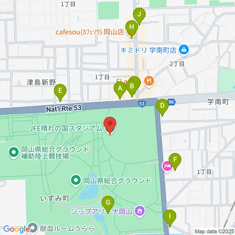 JFE晴れの国スタジアム周辺のカフェ一覧地図