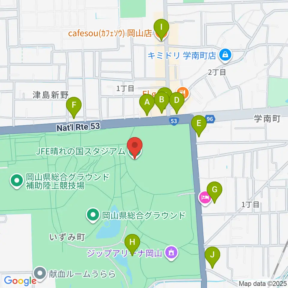 JFE晴れの国スタジアム周辺のカフェ一覧地図