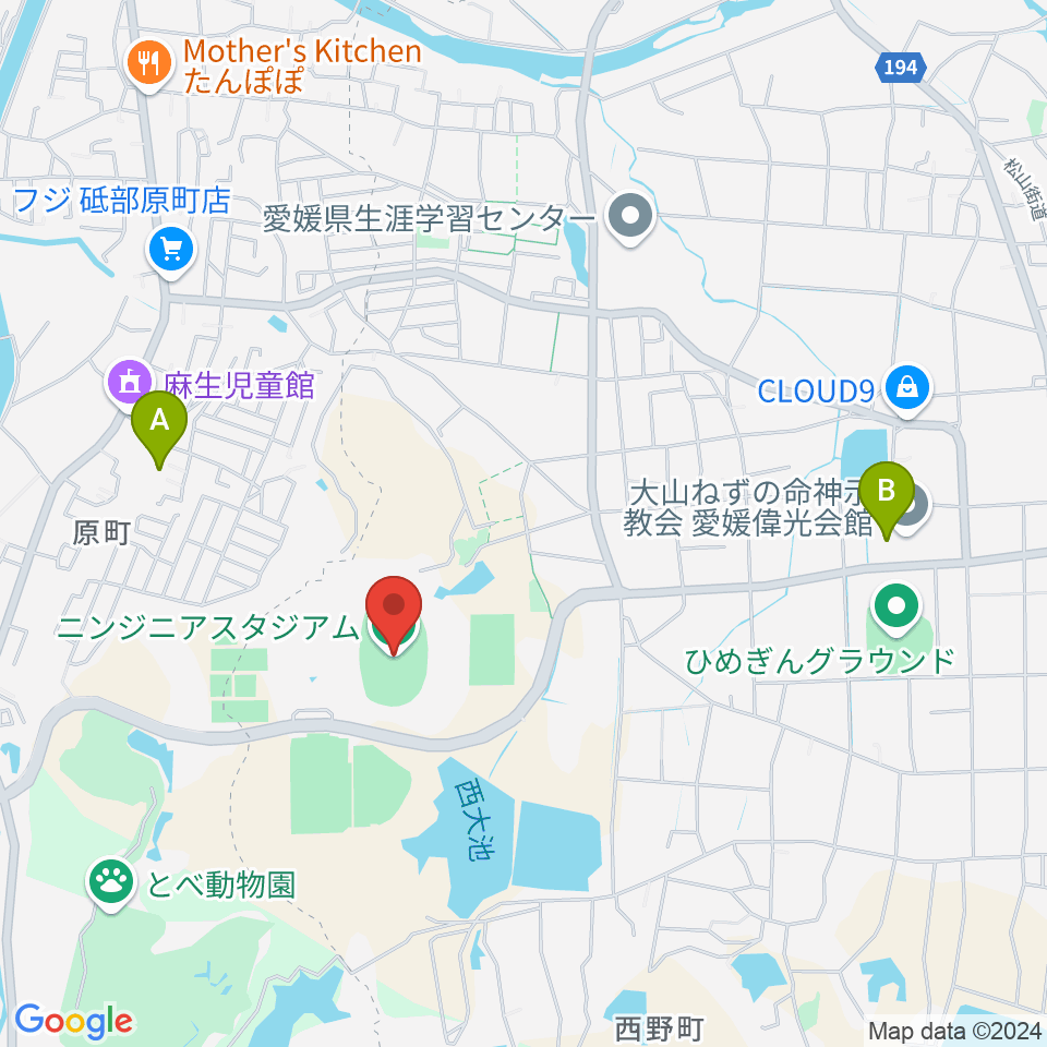 ニンジニアスタジアム周辺のカフェ一覧地図