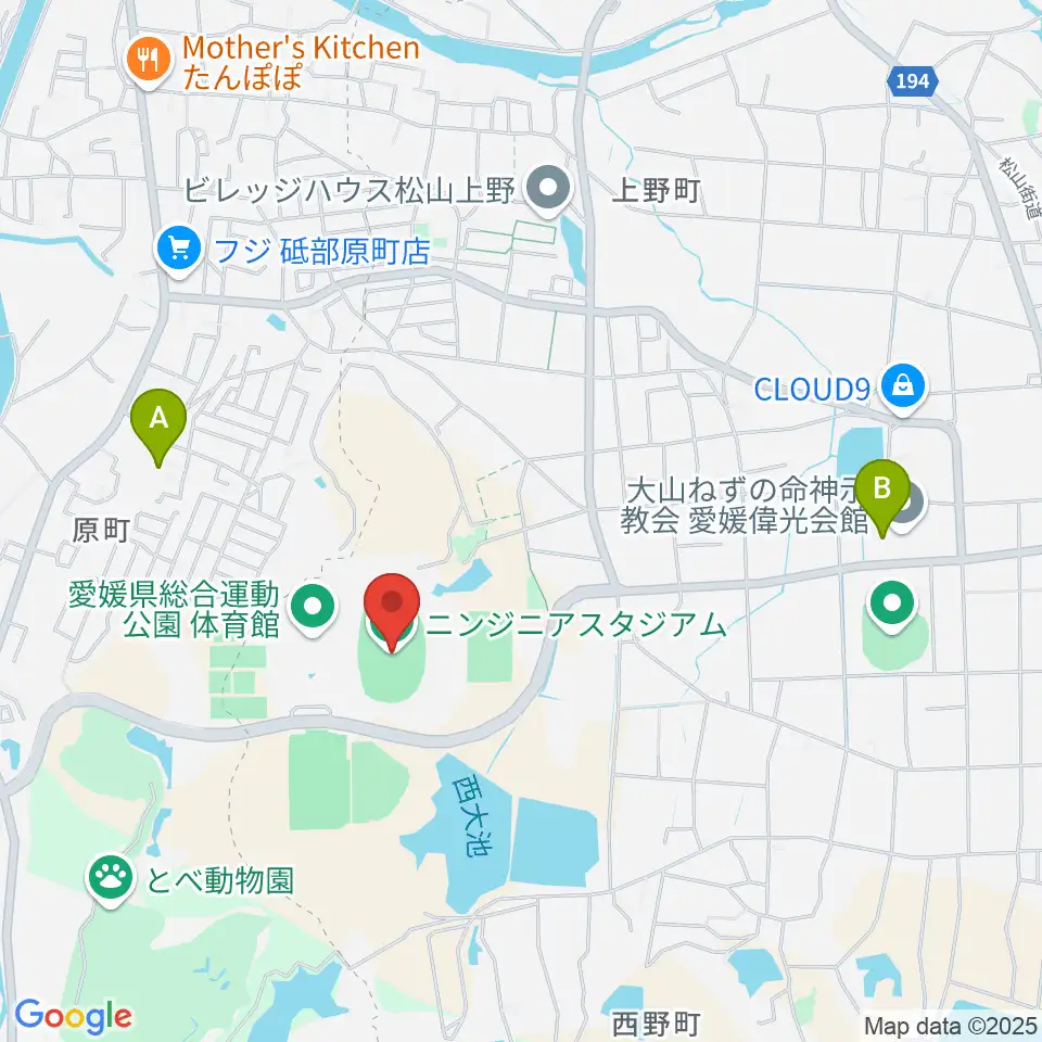 ニンジニアスタジアム周辺のカフェ一覧地図