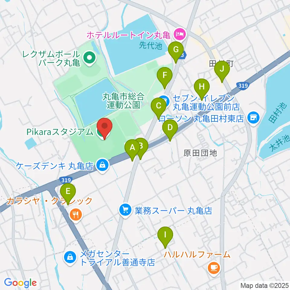 Pikaraスタジアム周辺のカフェ一覧地図