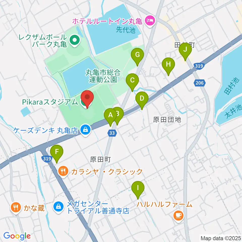 Pikaraスタジアム周辺のカフェ一覧地図