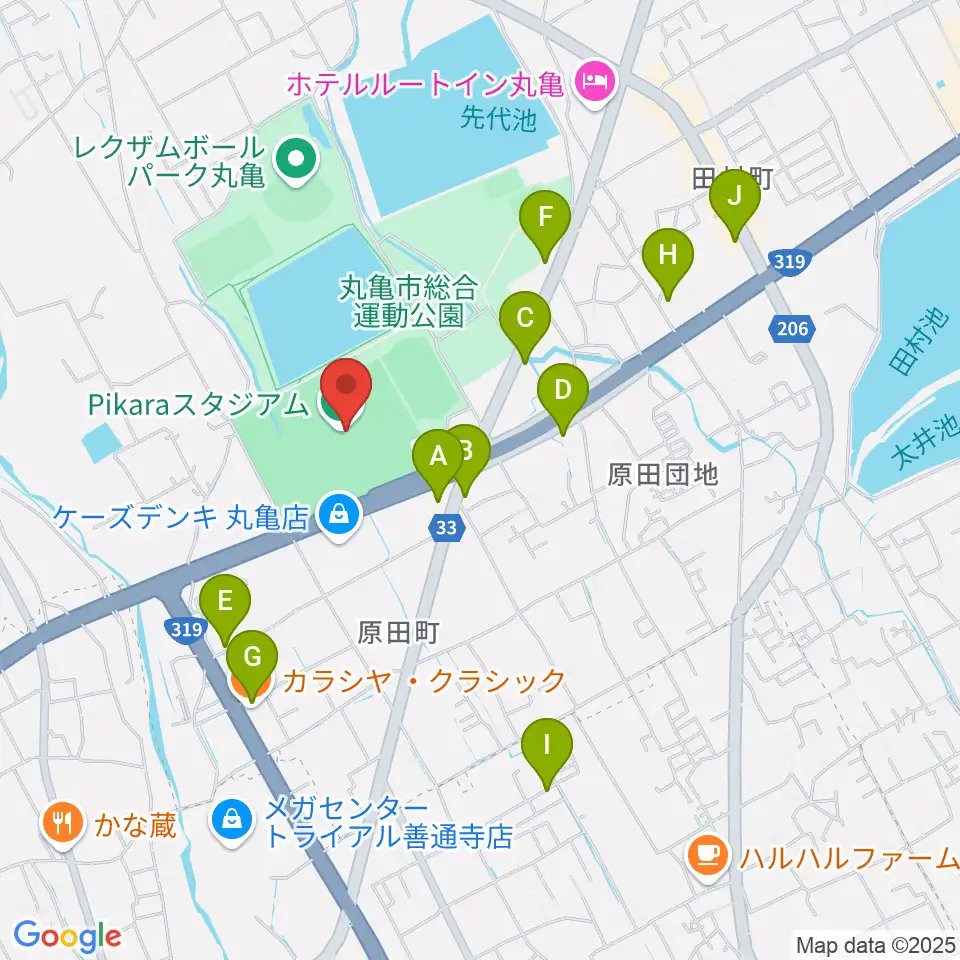 Pikaraスタジアム周辺のカフェ一覧地図