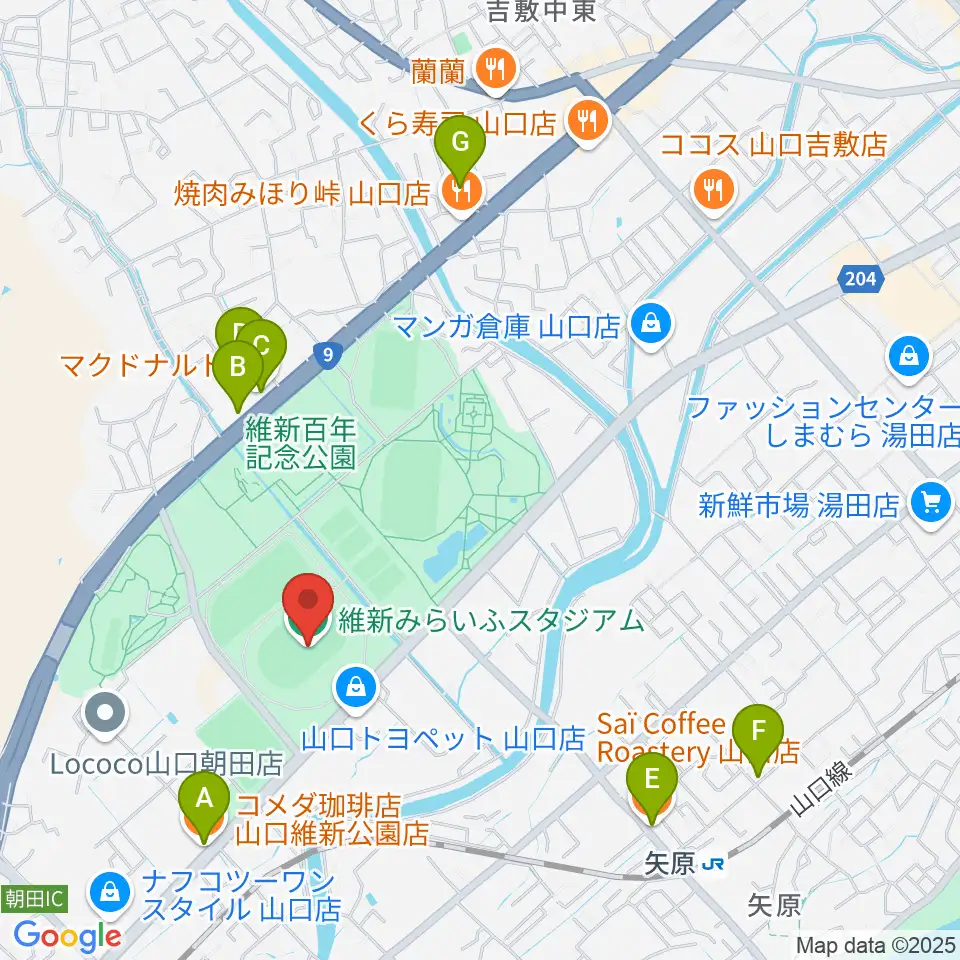 維新みらいふスタジアム周辺のカフェ一覧地図