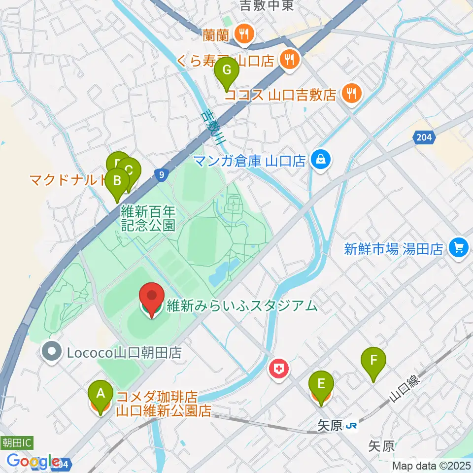 維新みらいふスタジアム周辺のカフェ一覧地図