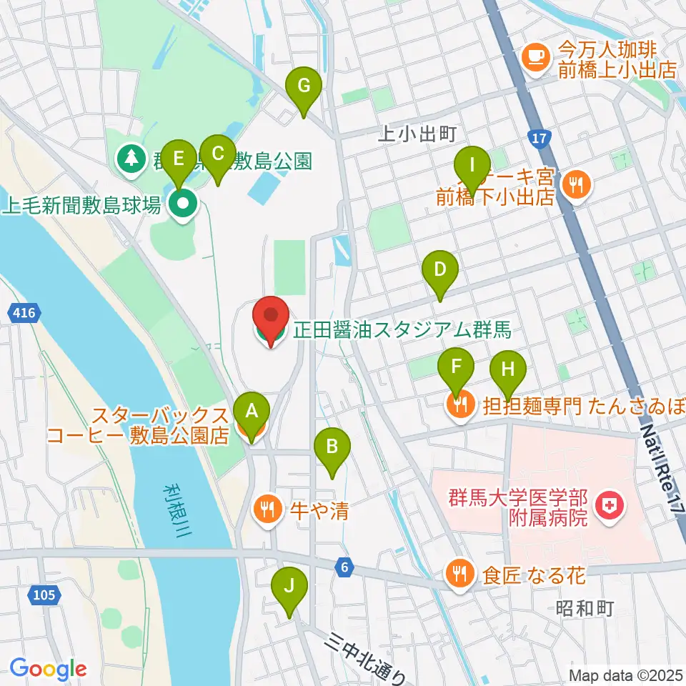 正田醤油スタジアム群馬周辺のカフェ一覧地図