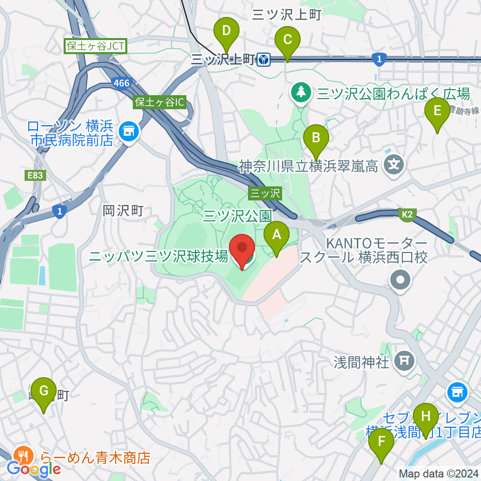 ニッパツ三ツ沢球技場周辺のカフェ一覧地図