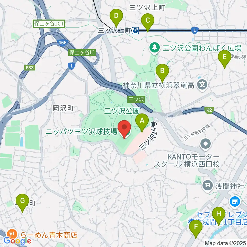ニッパツ三ツ沢球技場周辺のカフェ一覧地図