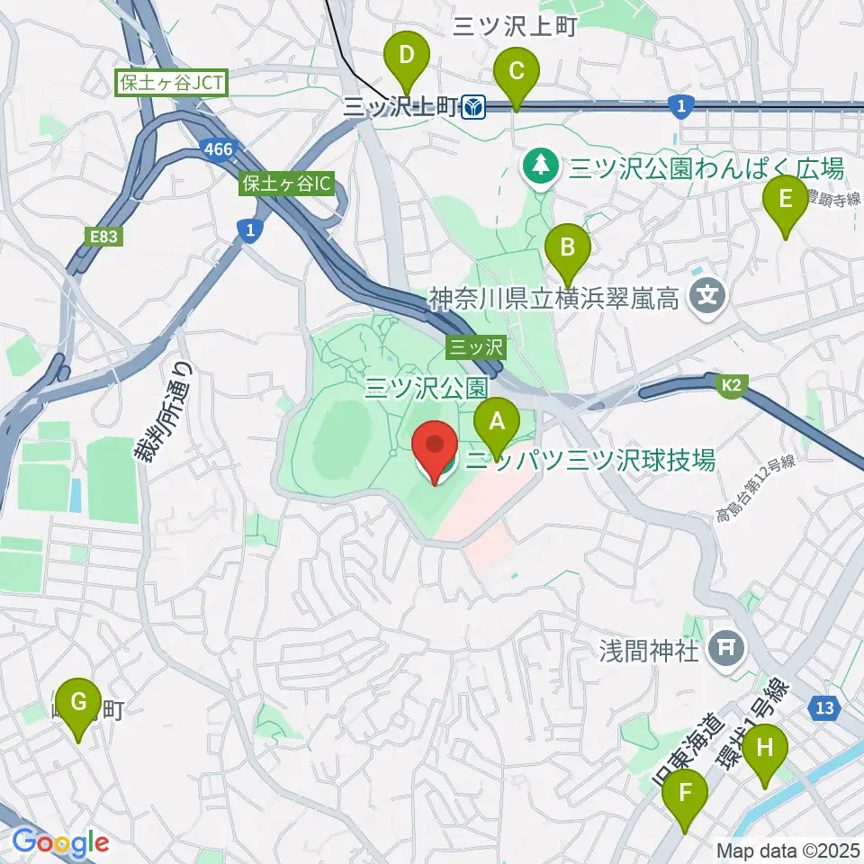 ニッパツ三ツ沢球技場周辺のカフェ一覧地図