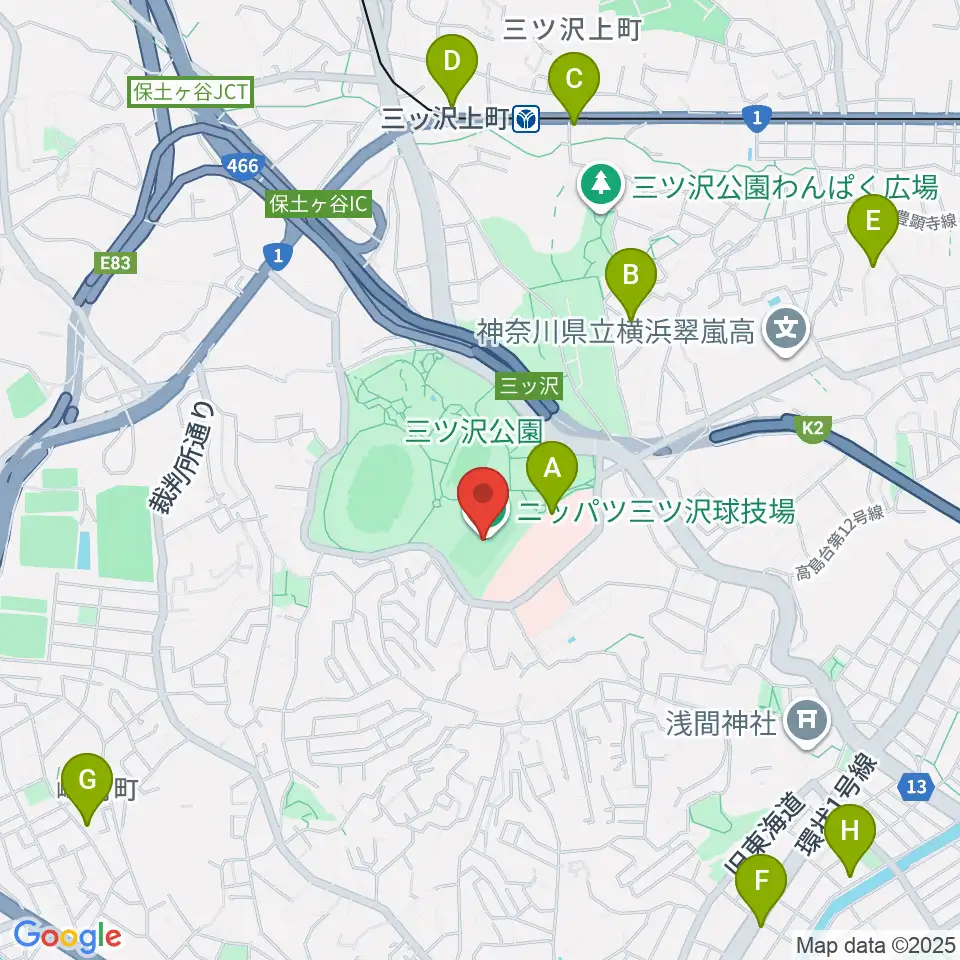 ニッパツ三ツ沢球技場周辺のカフェ一覧地図