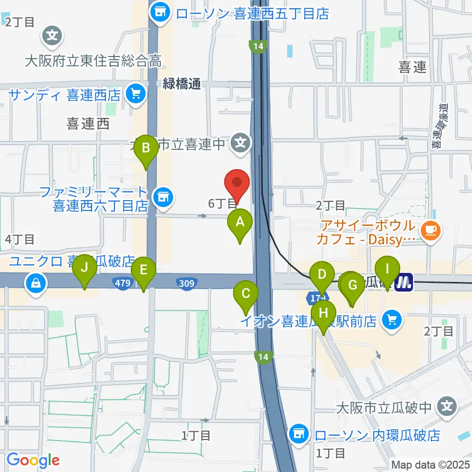 クレオ大阪南周辺のカフェ一覧地図