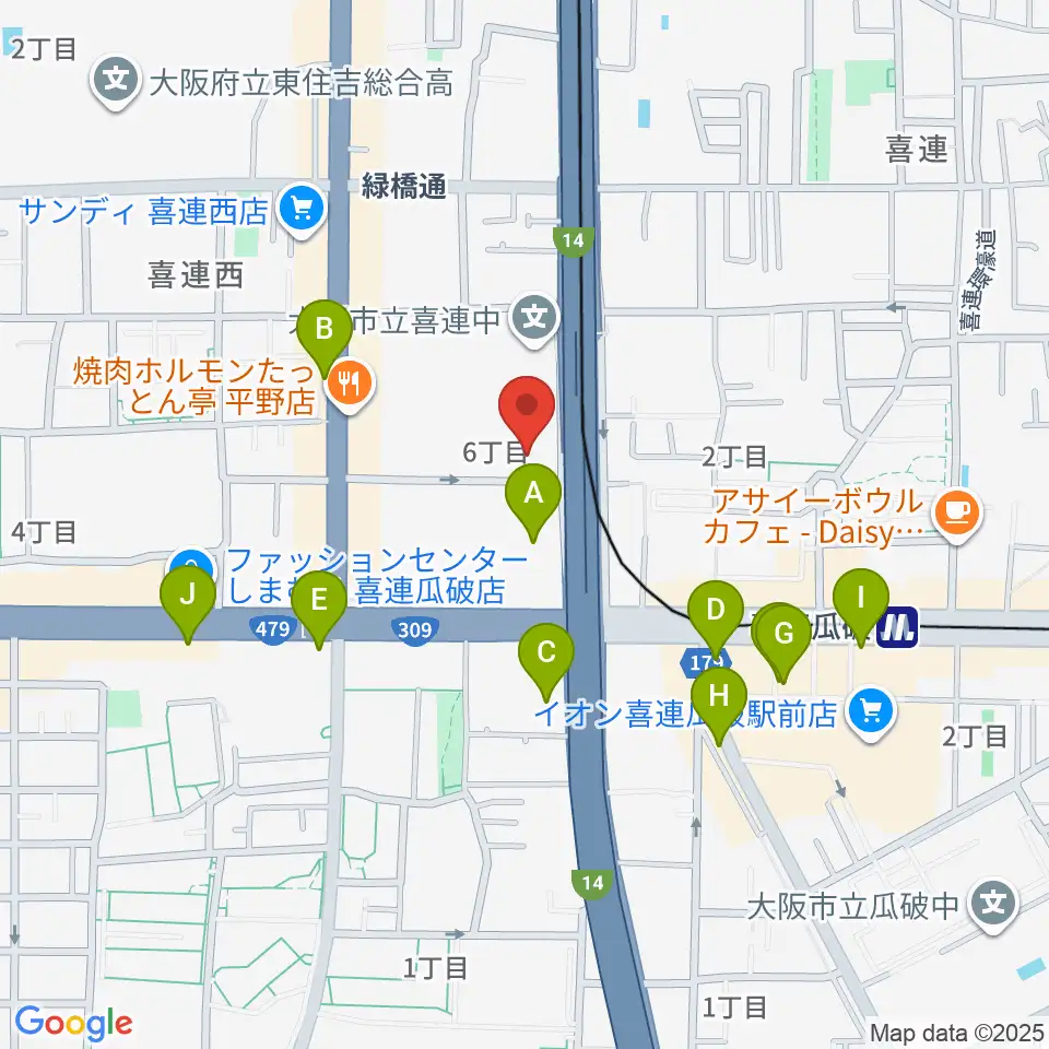 クレオ大阪南周辺のカフェ一覧地図