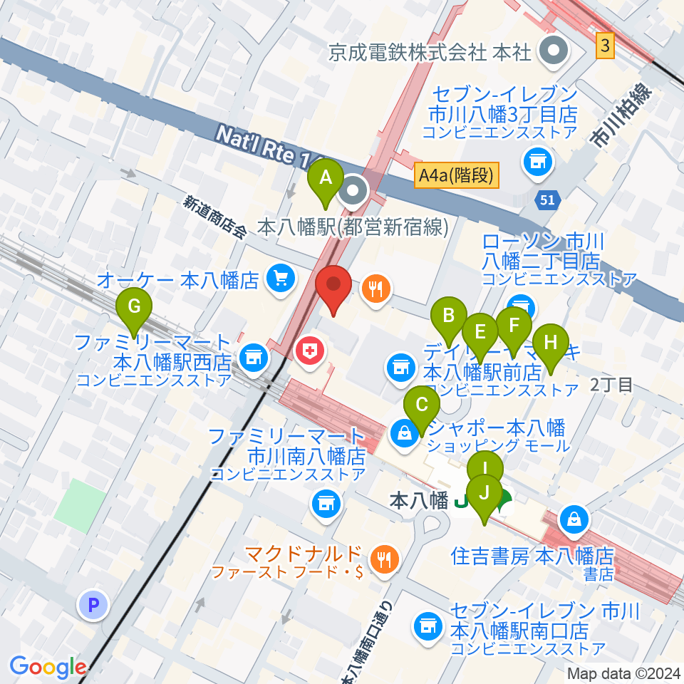 本八幡クールジョジョ周辺のカフェ一覧地図